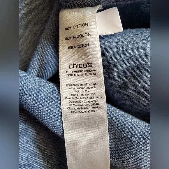 Chico's Soft Chambray 3/4 Rollup Sleeves Blue and White Floral Print Size Large - Picture 4 of 10